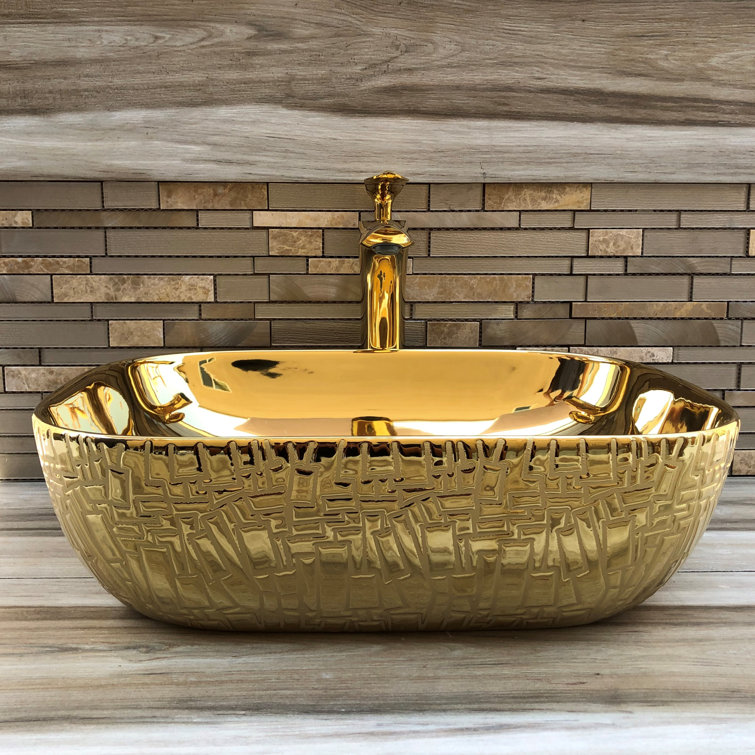 Round Mosaic Tile Vessel Sink | Gem Countertop WashBasin with Overflow | Mosaica outlet Verde Gem Gold Trim